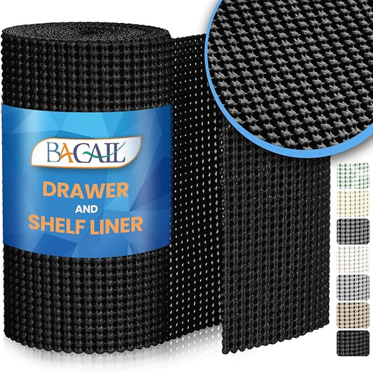 BAGAIL Non-Adhesive Shelf Liner, Thick Strong Grip Drawer Liners for Kitchen Cabinets, Heavy-Duty Easy Cut Cabinet Liners for Shelves, Pantry, Bathroom Cupboards - 12" x 10FT, Black
