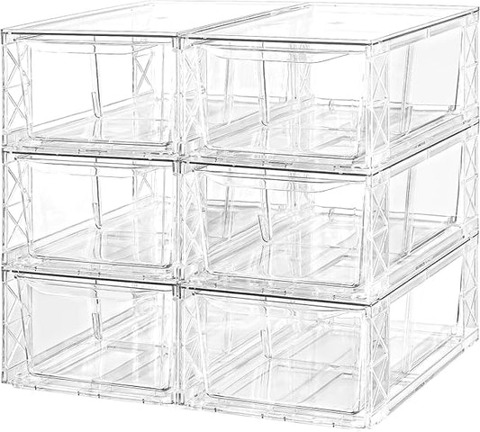 6Pack Acrylic Storage Drawers, Clear Stackable Storage Drawers, Acrylic Storage Bins with Drawers for Fridge Organizers, PlasticDrawers Stackable for Makeup Organizers Cosmetic Display, Medium