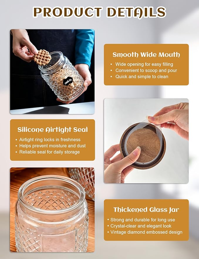 Glass Jar with Wood Lid and Label - 12 OZ Small Airtight Storage Container for Kitchen Pantry Bathroom Countertop, Decorative Vintage Canister for Candy, Treat, Sugar, Coffee, Tea, Salt, Snack, Nuts