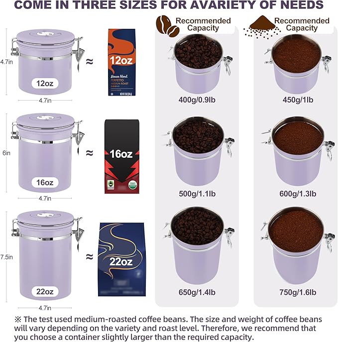 ShanSon Coffee Canister Airtight, Stainless Steel Bean Storage Container with Date Tracker & Scoop, Grounds Sugar Flour Tea Cereal Fits Kitchen Pantry, Ideal Gift for Coffee Lovers,16oz, Purple