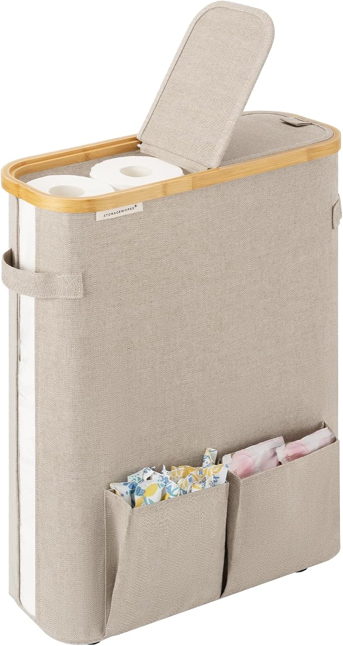 StorageWorks Toilet Paper Storage Baskets with Dual Flip Lids, Toilet Paper Organizer for Bathroom, Toilet Paper Container with Side Pocket, Holds 15 Mega or 20 Regular Rolls, Large, Light Khaki