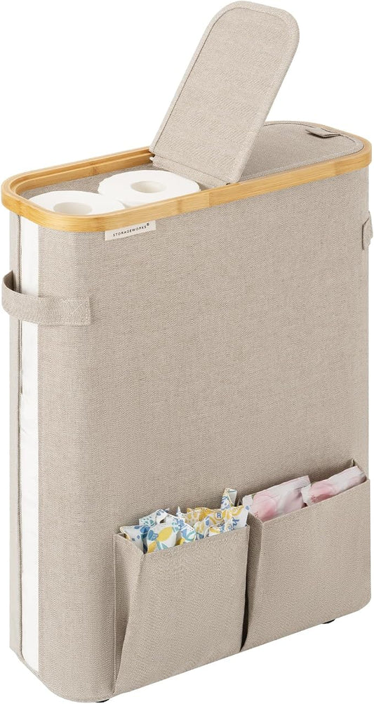 StorageWorks Toilet Paper Storage Baskets with Dual Flip Lids, Toilet Paper Organizer for Bathroom, Toilet Paper Container with Side Pocket, Holds 15 Mega or 20 Regular Rolls, Large, Light Khaki
