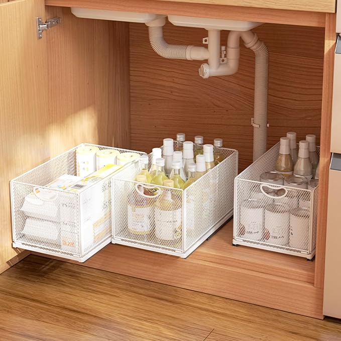 Pull Out Drawers for Cabinets Stackable or Single, Pull Out Cabinet Organizer, Adhesive Kitchen Cabinet Drawers Slide Out Pantry Shelves, Extra Rails