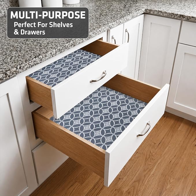 Drymate Premium Luxury Shelf & Drawer Liner, Thick Cushioned Fabric, Non-Adhesive, Absorbent, Waterproof, Slip-Resistant, Liners for Kitchen Cabinets (USA Made)(12”x59”)(24-Pack)(IndigoGrey)
