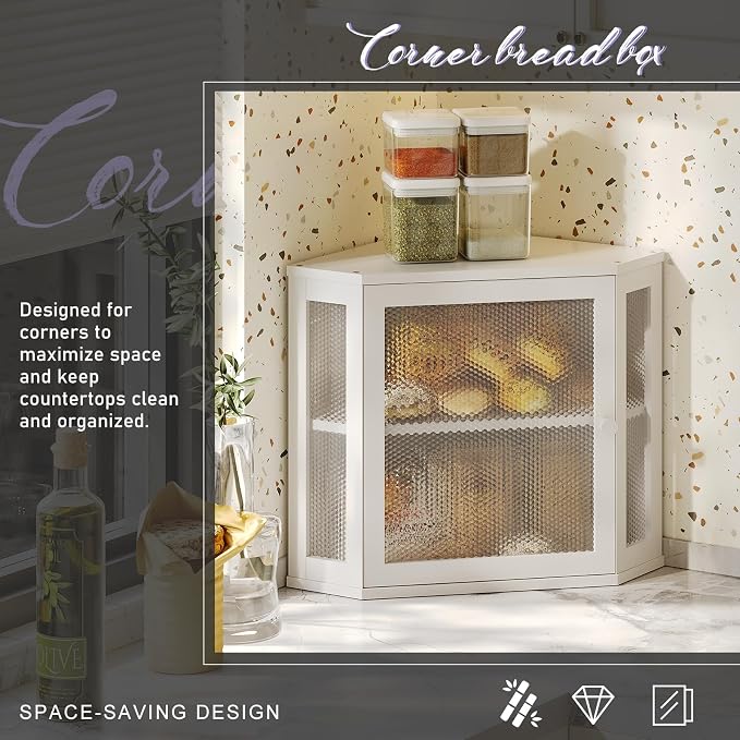 Bamboo Bread Box with Acrylic Window Display, Hinged Lid for Kitchen Countertop Storage, 15 x 8 x 6 Inches (White, Extra Lage)