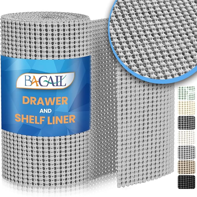 BAGAIL Non-Adhesive Shelf Liner, Thick Strong Grip Drawer Liners for Kitchen Cabinets, Heavy-Duty Easy Cut Cabinet Liners for Shelves, Pantry, Bathroom Cupboards - 12" x 10FT, LightGrey