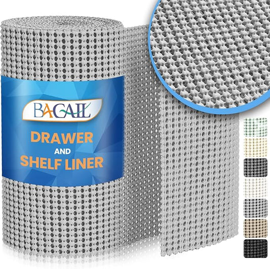 BAGAIL Non-Adhesive Shelf Liner, Thick Strong Grip Drawer Liners for Kitchen Cabinets, Heavy-Duty Easy Cut Cabinet Liners for Shelves, Pantry, Bathroom Cupboards - 12" x 10FT, LightGrey