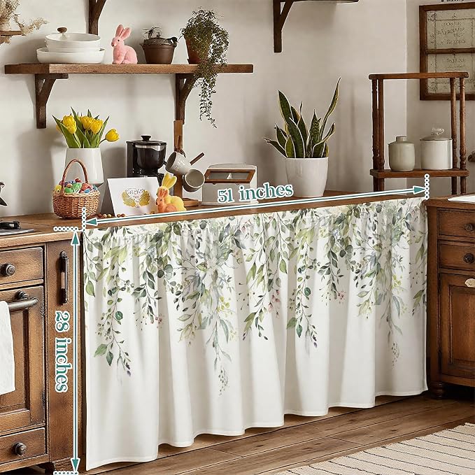 MUGINYU Cabinet Curtains 28" W x 51" L Sink Skirt for Bathroom,Green Leaves Short Curtains for Kitchen &Classroom,Farmhouse Spring Floral Boho Closet Dishwasher Curtain with Velcro
