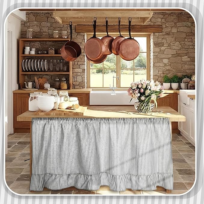 VitalCozy Cabinet Curtain 28" W x 51" L Grey Ruffles Sink Skirt for Bathroom Kitchen Grey Strips Short Curtain for Home Classroom Drape Under Desk Privacy Drape for Laundry Room