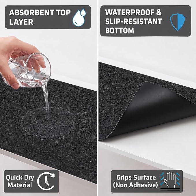 Drymate Premium Luxury Shelf & Drawer Liner, Thick Cushioned Fabric, Non-Adhesive, Absorbent, Waterproof, Slip-Resistant, Liners for Kitchen Cabinets, Cupboards (USA Made)(12”x59”)(2-Pack)(Charcoal)