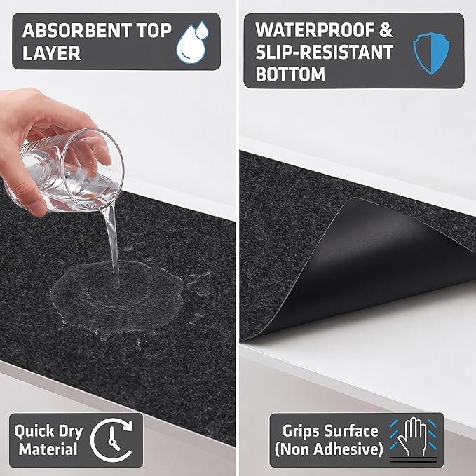 Drymate Premium Luxury Shelf & Drawer Liner, Thick Cushioned Fabric, Non-Adhesive, Absorbent, Waterproof, Slip-Resistant, Liners for Kitchen Cabinets, Cupboards (USA Made)(12”x59”)(24-Pack)(Charcoal)