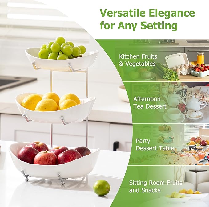 HBlife Fruit Bowl for Kitchen Counter - 3 Tier Ceramic Fruit Bowl Holder with Metal Stand, Tiered Fruit Basket for Fruit and Vegetable Storage, Serving Trays for Party