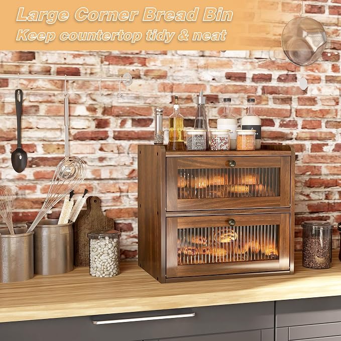 Alpeir Double Layer Large Bread Box for Kitchen Countertop, Retro Brown | Ventilation Hole, Longer Fresh, Natural Wood, Fit Homemade Bread & Baked, Extra Top Storage, Acrylic Window, Farmhouse Style