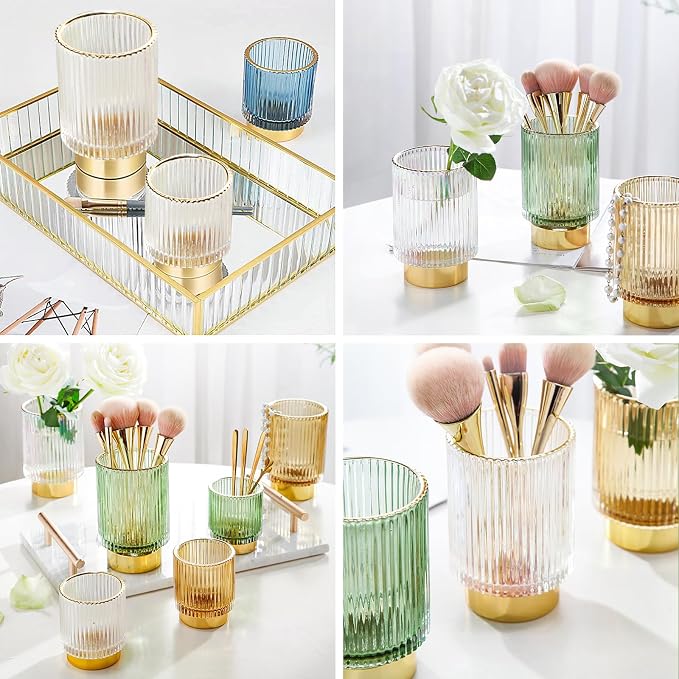 DASITON Makeup Brush holder Organizer,Crystal Cosmetic Makeup Brush Glass Brushes Storage Holder, Vintage Make Up Brush Cup Pen Pencil Holder striped vase(Clear S)
