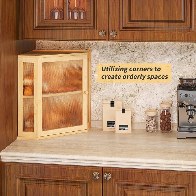 Corner Bread Box for Kitchen Countertop,Bread Storage for Homemade Bread, Double Layer Large Bamboo Kitchen Storage Bin with Window (Natural, Large)