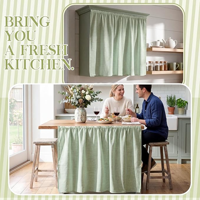 VitalCozy Cabinet Curtain 35" W X 35" L Sink Skirt for Bathroom Kitchen Sage Green Stripes Spring Short Curtain for Home Classroom Farmhouse Rustic Drape Under Desk Privacy Drape for Laundry Room