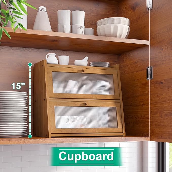 kiplant Bread Box for Kitchen Counter, Double Layer Large Bamboo Wood Bread Box, Bamboo Bread Storage Container with Wavy Arcylic Transparent Door
