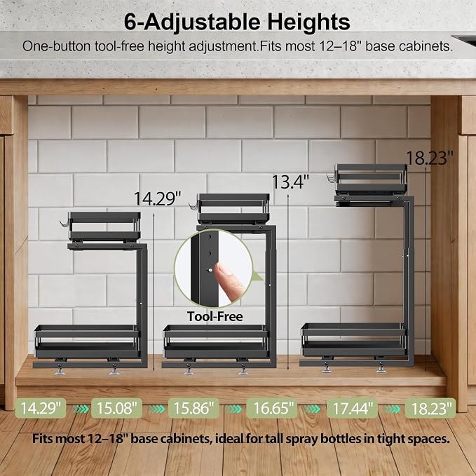 2 Pack Under Sink Organizers and Storage, Heavy Duty Metal Pull Out Cabinet Organizer with Ball-Bearing Slides, Height Adjustable L-Shaped Shelf for Kitchen & Bathroom (2-Pack)