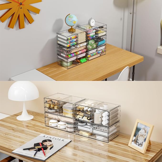 Yieach 2 Pack Acrylic Storage Drawers With 6 Drawers,Stackable Desk Organizer and Makeup Organizer,Large Clear Office Supplies Organizer for Pen,Stationary,Palettes,Arts Craft Organizers and Storage