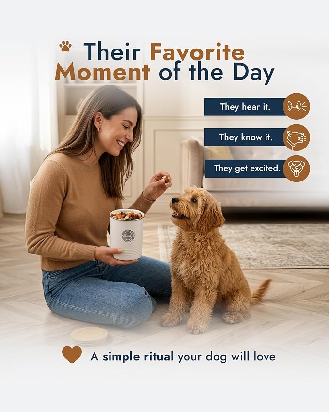 Dog Treat Container Airtight with Bamboo Lid - Premium White Metal Jar for Countertop Storage, 6.4 Cup Capacity, Easy to Open - Decorative Dog Cookie Jar for Kitchen Counter