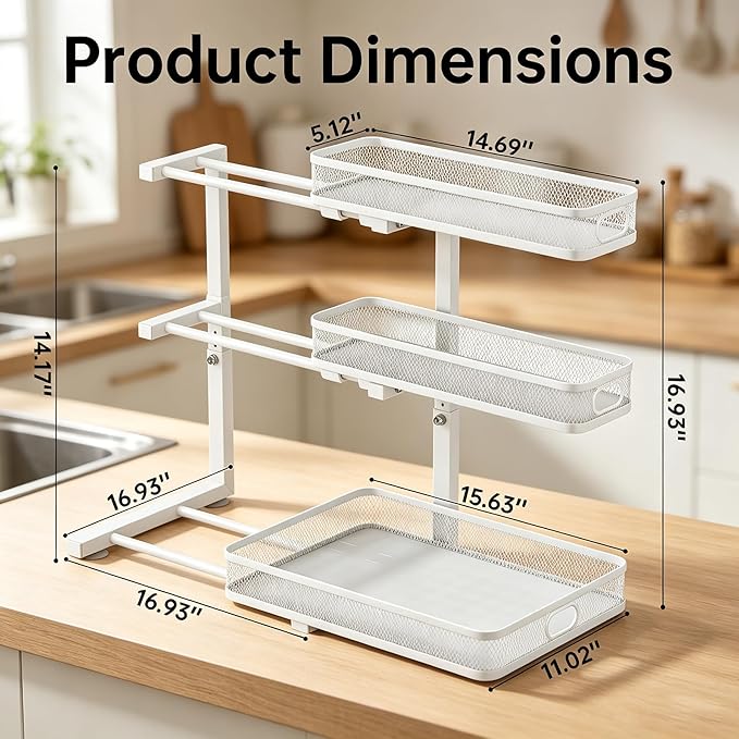 Under Sink Organizer, White, 3-Tier, 2 Pack | Height Adjustable, Thickened Metal, Pull Out Cabinet Organizer Shelf, Space-Saving Slide Out Storage Drawer Rack
