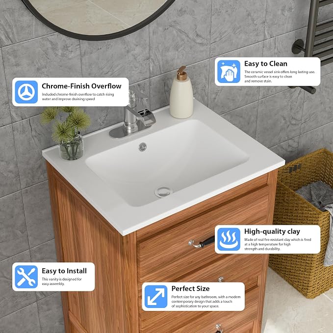 Lordear White Bathroom Sink One Hole Drop In 24 X 20 Inch One Holes Porcelain Ceramic Bathroom Vanity Top Sink Basin 24" Drop in Bathroom Sink