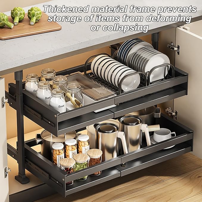 Pull Out Kitchen Cabinet s Sliding Drawers for Cupboard No Drill No Nail Slide Out Storage Solution Black Size S Maximize Kitchen Space Efficiently，White Single Layer_26*42 * 27