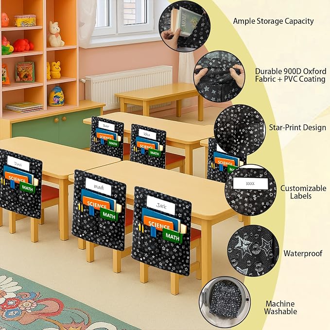 25 PCS Chair Pockets for Classroom Chairs, 15"W x 19"H Seat Sacks with 5 Pockets, Durable 600D Oxford Student Chair Bag Organizer with Name Tag Slot for K-5 Kindergarten School, Black