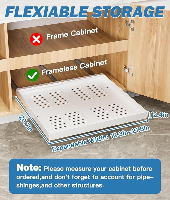 2 Pack Pull Out Cabinet Organizer, No-Drill Expandable Slide Out Drawers for 21" Deep Cabinets (12.3"-21.8" Width), 3-Slide Rail, Easy Assembly pull out drawers for Kitchen, Pantry, Bathroom - White