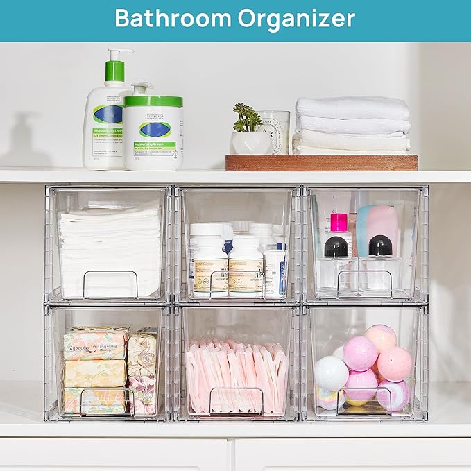 Vtopmart 6 Pack Large Stackable Storage Drawers,Easily Assemble Acrylic Bathroom Closet Undersink Organizers and Storage,Plastic Bins for Kitchen Cabinets,Pantry,Makeup,Medicine Organization