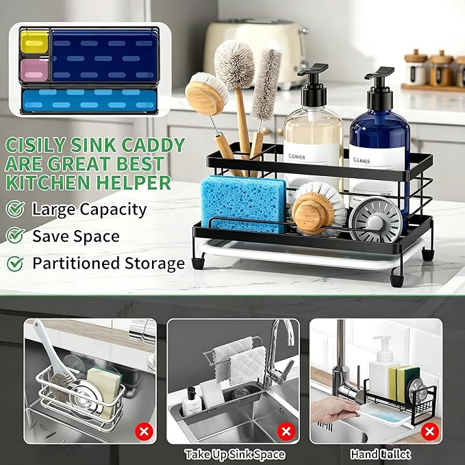 Cisily Black Sponge Holder for Kitchen, Sink Caddy Sink Organizer Rack for Kitchen Accessories with Drip Tray, Rustproof and Non-slip, Soap Dispenser Countertop Organizer Essentials for New Home