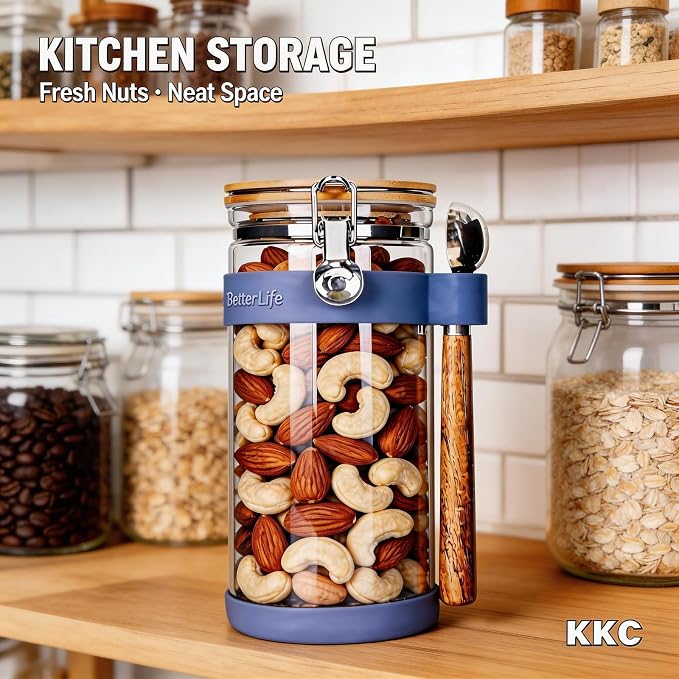 KKC 1.5-Quart Large Glass Nuts Storage Container, Airtight Food Storage Jar with Bamboo Lid & Scoop, Keeps Nuts Crunchy & Fresh, Perfect for Pantry Organization & Storing Nuts, Almonds, Peanuts