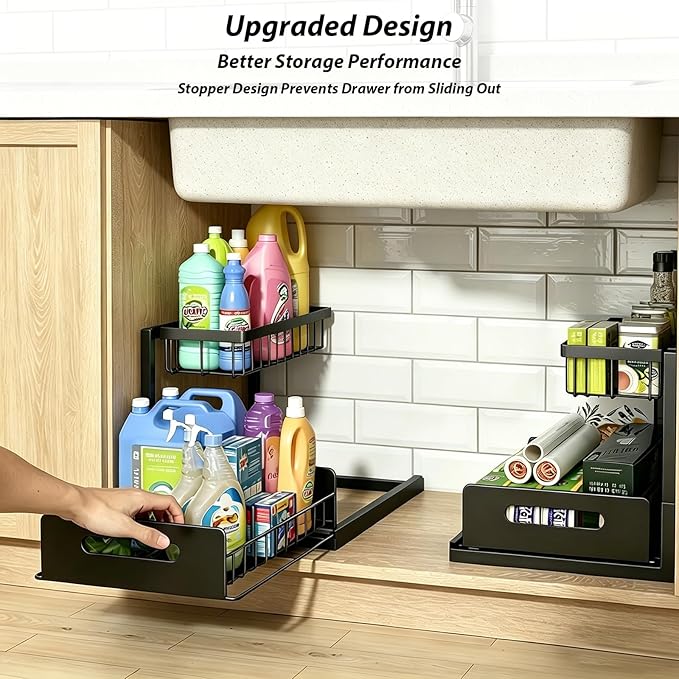 Upgraded Under Sink Organizer, 2 Tier Pull Out Kitchen Cabinet Organizer Metal Slide Out Bathroom Organizers and Storage Makeup Drawer Organizer for Office Bedroom Restroom Livingroom