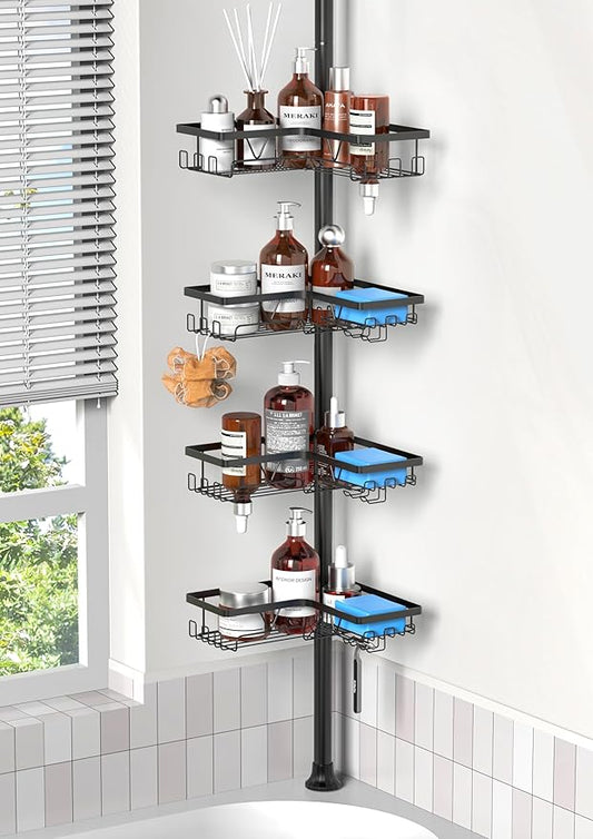 ZUNTO Shower Caddy Corner for Bathroom, Tension Pole, Adjustable 25in-114in Floor to Ceiling, Standing Shower Tension Rod Organizer with Hooks, 4 Tier Storage Shelves, Matte Black