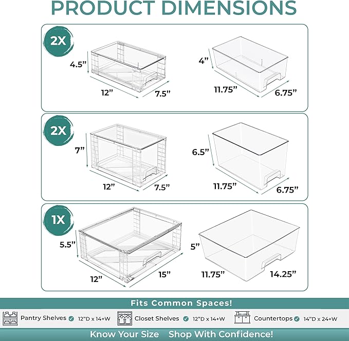Sorbus Stackable Clear Storage Drawers, 5 Pack (1 Wide + 2 Medium + 2 Small) Pull-Out Organizer Bins – Plastic Drawer Organizers for Bathroom, Vanity, Makeup, Under Sink & Countertop Organization