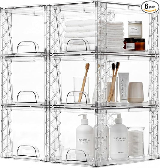 Bathroom Organizers and Storage Boxes 6 Pack, 7in Plastic Stackable Drawers Simply Assembled Containers Bins Suitable for Cosmetics, Kitchen, Cabinets, and Snack