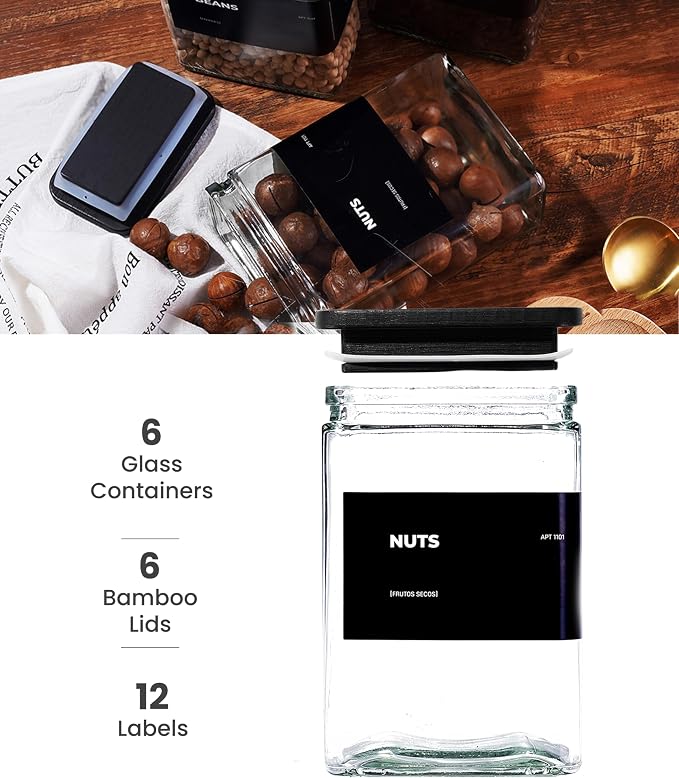 APT 1101 Glass Storage Jars with Bamboo Lid, glass canisters with airtight lids, Clear jars with lids for Spice, Cookie, Candy, Tea, Coffee Bean and Rice (Black, 26 oz, Set of 6)