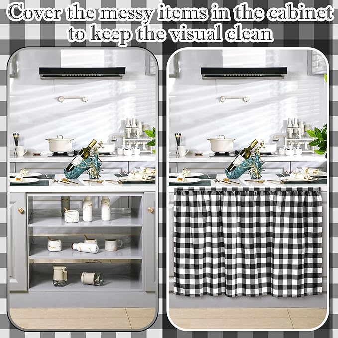 Cabinet Curtains 51 x 28 Inch Black and White Sink Skirt for Bathroom Kitchen Home Diamond Stitch Self Stick Adhesive Waterproof Fabric Farmhouse Rustic Drape Under Desk Privacy Drape Laundry Room