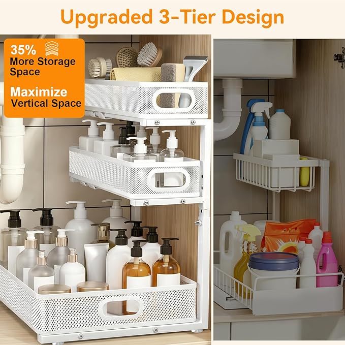 Under Sink Organizer for Bathroom, 3 Tier Adjustable Height Under Sink Storage, Sliding Pull Out Cabinet Organizer Shelf, Metal Multi-Purpose Cabinet Organizer for Kitchen (1 Pack, White)