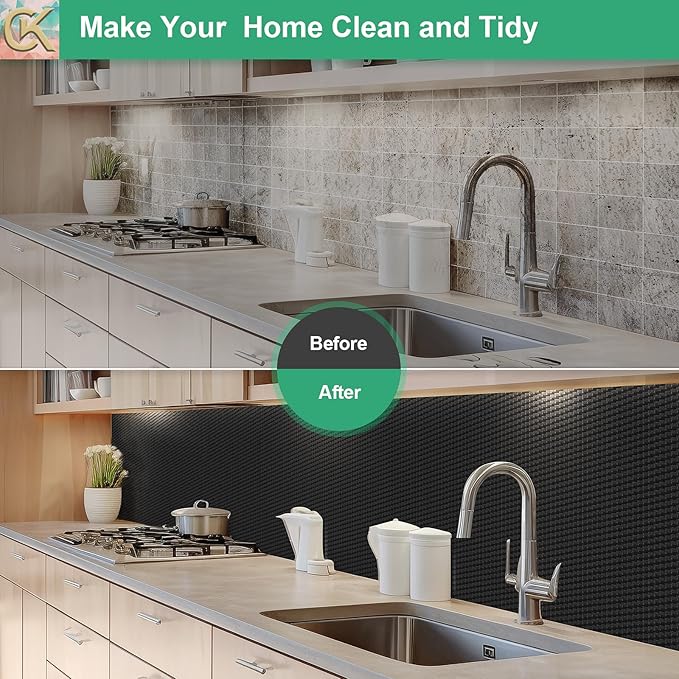 Self-Adhesive Shelf Liner Kitchen Liner, Waterproof Backed Paper Easy Peel and Stick Contact Liner Without Residue for Decor Your Desk Surface, Kitchen Countertops (Black, 23.6 x 118.1 inches)