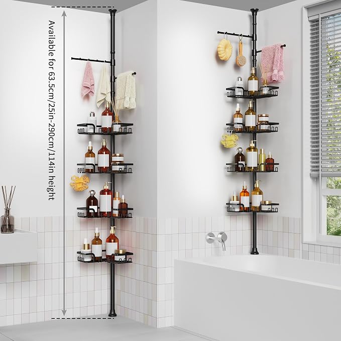 ZUNTO Tension Pole Shower Caddy with 2 Towel Holder and Hooks for Bathroom, Adjustable 25in-114in Floor to Ceiling Shower Organizer, Standing 4 Tier Corner Shelves for Storage and Hanging, Matte Black