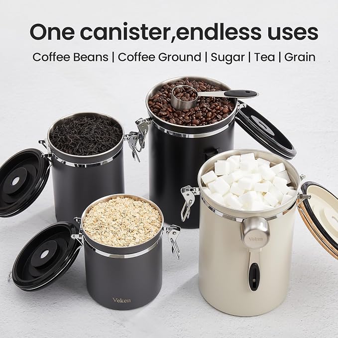 Veken Coffee Canister, 39OZ Large,Airtight Stainless Steel Food Storage Container for 2.2lbs Beans,Ground,Sugar,Espresso,Rice,Tea,Flour,Cereal,Cookie,Lids,Jars,Gifts,Scoop,Kitchen Bar Accessories,Gray