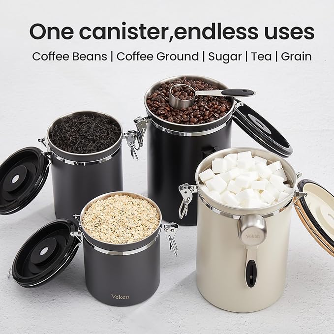 Veken Coffee Canister, Airtight Stainless Steel Kitchen Food Storage Container Holder for Beans, Ground, Tea, Flour, Cereal, Sugar, Espresso, Bar Accessories, Lids, Jars, Sealed Tin, Scoop,16OZ, Gray