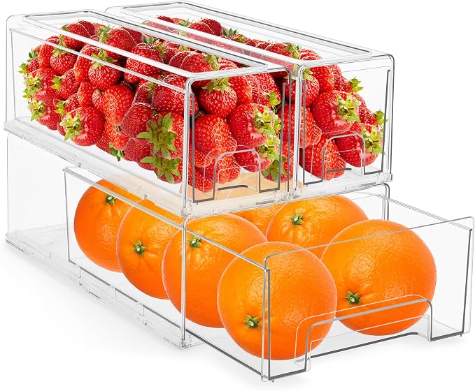 Sorbus Fridge Drawers - Clear Stackable Pull Out Refrigerator Organizer Bins - Food Storage Containers for Kitchen, Freezer, Vanity & Fridge (3 Pack | 1 Medium, 2 Small Stackable Drawer Bins)