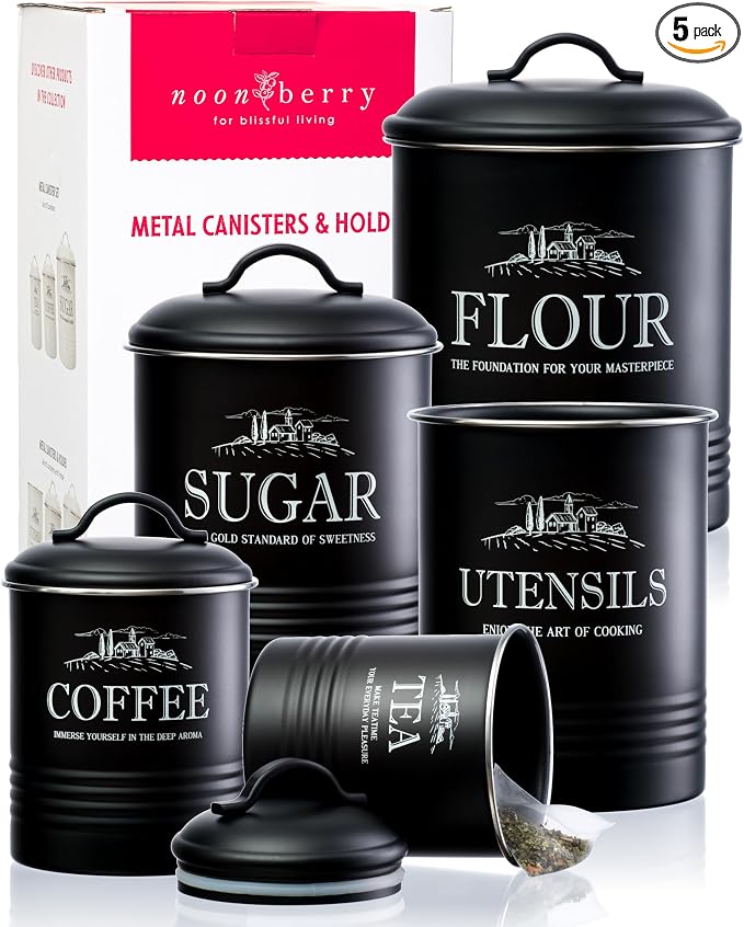 noonberry Kitchen Canisters for Countertop – 5-Piece Airtight Canister Sets for the Kitchen Counter with Utensil Holder – Flour Sugar Coffee Tea Containers – Matte Black Finish