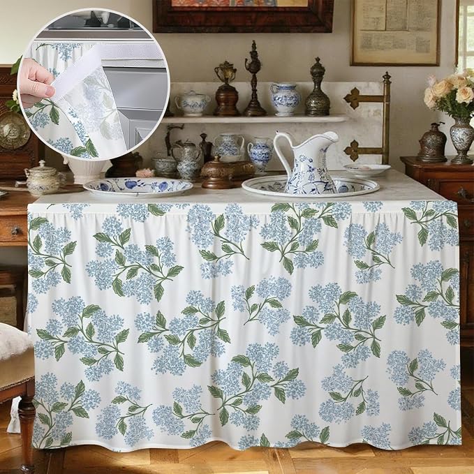 MUGINYU Cabinet Curtains 28" W x 51" L Sink Skirt for Bathroom,Blue Green Floral Hydrangea Short Curtains for Kitchen &Classroom,Vintage Farmhouse Closet Dishwasher Curtain with Velcro