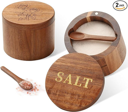 Timtopno Salt Cellar, 2PCS Salt Container Acacia Wood Salt and Pepper Box for Countertop with Built-in Spoon & Swivel Lid, Wood Salt Holder Bowl for Kitchen, Seasoning Storage (Rose & SALT Engraving)