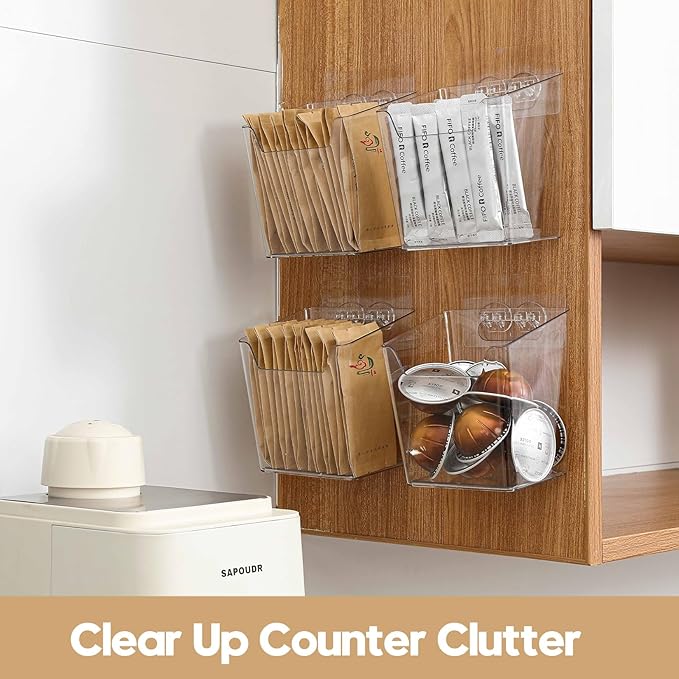 6 Pack Drink Packet Organizer, Clear Acrylic Cabinet Door Organizer Adhesive, Wall Mount Caddy Utensil Holder Floating Bin for Tea Bag Kcup Storage, Sewing Tools, Laundry Pods, Small Cleaning Supply