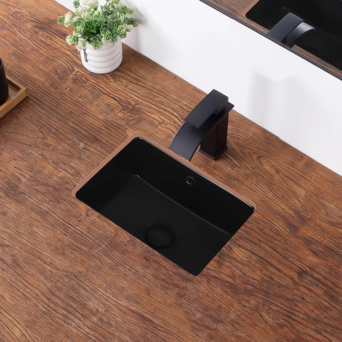 Small Undermount Bathroom Sink 16 Inch Matte Black Rectangular Porcelain Ceramic Vanity Basin with Overflow (15.7"x11.8") KDKSC