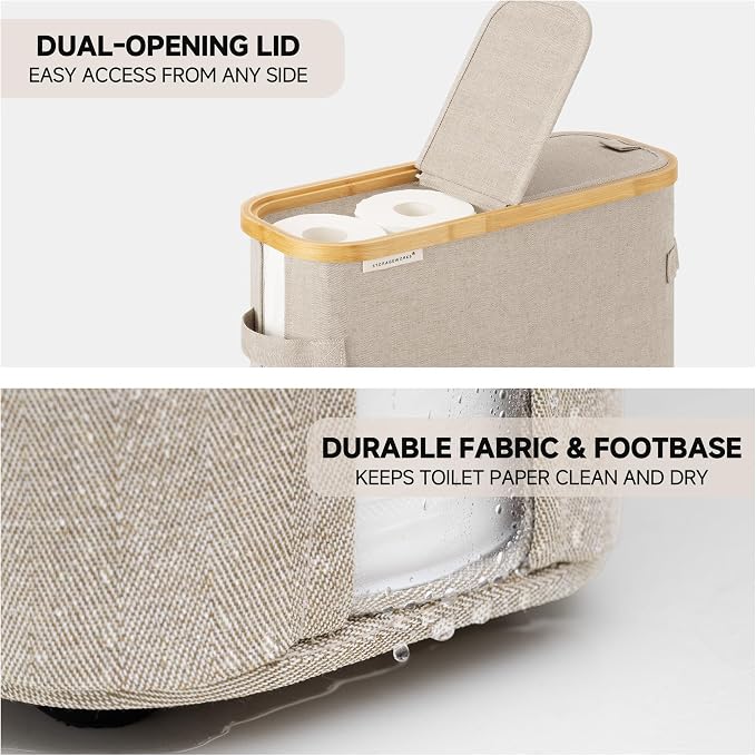 StorageWorks Toilet Paper Storage Baskets with Dual Flip Lids, Toilet Paper Organizer for Bathroom, Toilet Paper Container with Side Pocket, Holds 15 Mega or 20 Regular Rolls, Large, Light Khaki